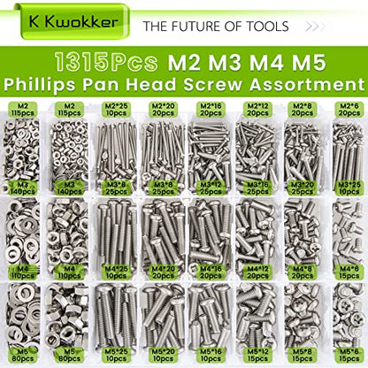 1315Pcs M2 M3 M4 M5 Phillips Pan Head Bolts and Nuts Kit, 24 Size | 304 Stainless Steel Metric Machine Screws with Washers, 6mm 8mm 12mm 16mm 20mm 25mm 6 Length 24 Sizes for DIY & Repair - size: B. M2 M3 M4 M5