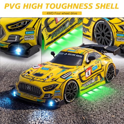 1:24 Scale RC Car for Kids, 4WD High Speed Remote Control Drift Car | 2.4GHz RC drift car with LED lights, 2 batteries(50-min)& dual mode tires (drift/speed). Gift for boys aged 4-12, Yellow - color: 3-yellow