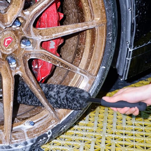 Refined Long Handle Car Wheel Brush Arsenal, Soft Wheel and Rim Brush,Tire Brush, Bendable & Durable Car Wheel Rim Cleaner Brush Set for Cleaning Wheel and Tire, Large, Grey & Black - size: 4 Packs