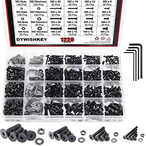 DYWISHKEY 1220 Pieces M2 M3 M4 M5, 10.9 Grade Alloy Steel Hex Flat Head Cap Bolts Nuts Washers Assortment Kit with Hex Wrenches - color: oxide black