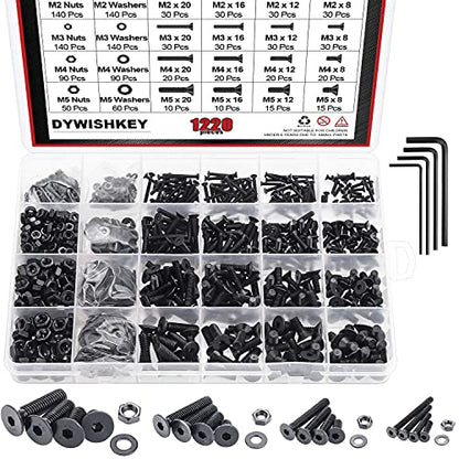 DYWISHKEY 1220 Pieces M2 M3 M4 M5, 10.9 Grade Alloy Steel Hex Flat Head Cap Bolts Nuts Washers Assortment Kit with Hex Wrenches - color: oxide black