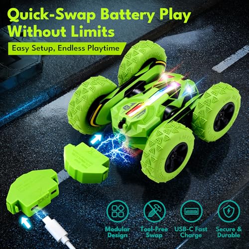 Threeking Remote Control Flip Stunt Car Double Sided Driving Crawler Toys | Quick-Swap Modular Battery Durable RC Cars with Auto Demo Breathing Soft Lights Gifts for Boys Girls Ages 6-12 - color: Green-up