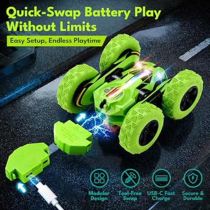 Threeking Remote Control Flip Stunt Car Double Sided Driving Crawler Toys | Quick-Swap Modular Battery Durable RC Cars with Auto Demo Breathing Soft Lights Gifts for Boys Girls Ages 6-12 - color: Green-up