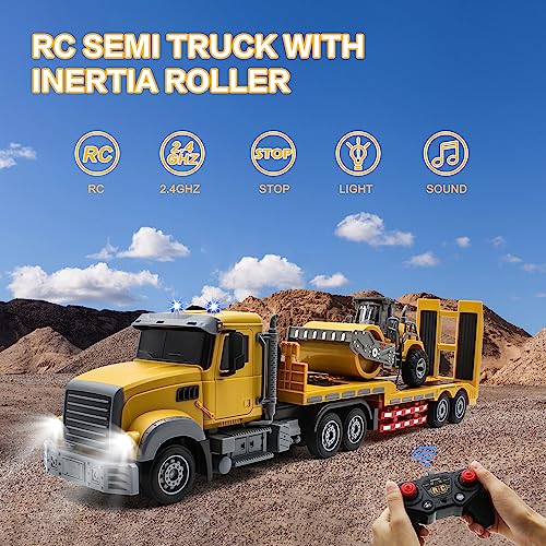 Fistone RC Semi Truck with Trailer, 1:24 RC Semi-Trailer Engineering Tractor with Sound and Lights, 2.4Ghz Remote Control Flatbed Truck with Road Roller Toys, Construction Vehicles Toy for Boys - style: Truck & Road Roller Toy