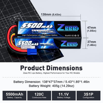 Zeee 3S Lipo Battery 5500mAh 11.1V 120C Hard Case RC Battery with EC5 Connector for RC Car 1/8 1/10 Scale Vehicles Tank Truck Boats Helicopter Racing Hobby (2 Pack)