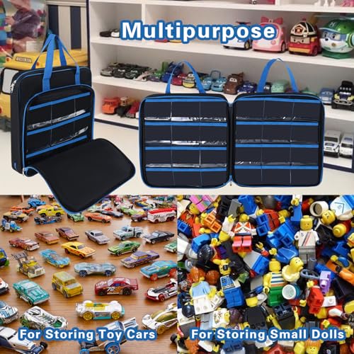 Toy Car Carrying Case, Portable Storage Organizer Bag Compatible with Hot Wheels/Matchbox 1:64 Scale Diecast Cars, Large Travel Tote for Kids Mini Toys, Dolls, Crafts - Bag Only (Blue)