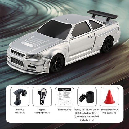 RC Drift Car - 1:43 Remote Control Car 2.4GHz Mini Drift Cars Racing High Speed Drift Car Model with LED Lights for RC Toys Gift (Silver) - color: Silver