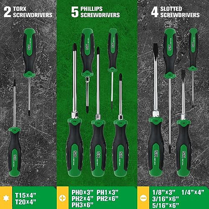 SK 11-Piece Magnetic Screwdriver Set, Slotted/Phillip/Star Screwdrivers | S2 Steel, Heat-Treated Chrome Plating Shaft, Black Oxide Tip, SureGrip Handle - size: 11PC