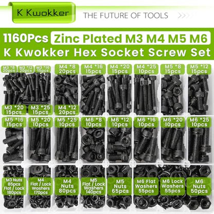 M3 M4 M5 M6 Hex Socket Bolts and Nuts Assortment Kit, 1160Pcs | 12.9 Alloy Steel, Zinc Plated Anti-rust; 20 Sizes Metric Screws with Lock Washers; For 3D Printing DIY Machinery Repair - size: F. M3 M4 M5 M6