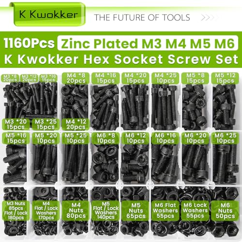 M3 M4 M5 M6 Hex Socket Bolts and Nuts Assortment Kit, 1160Pcs | 12.9 Alloy Steel, Zinc Plated Anti-rust; 20 Sizes Metric Screws with Lock Washers; For 3D Printing DIY Machinery Repair - size: F. M3 M4 M5 M6