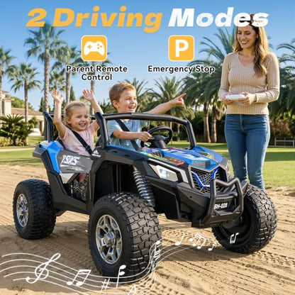 XXXL 4WD 24V Ride on Toys for Big Kids 3-14, Max 5.5Mph & 220 lbs Load,Blue | Adjustable 22” 2 seater ride on car for kids, 15" eva all-terrain tires, remote control, led lights, smooth shock absorbers - color: Blue