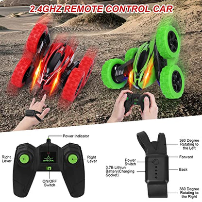 2PACK RC Stunt Car Watch Gesture Sensor Car 4WD Double Sided 360 Degree Rotating Tumbling Rechargeable Car High Speed 2.4GHZ Off Road Hobby RC Toy Cars for Xmas Birthday Gift Adults,Kids (Green/Red)…