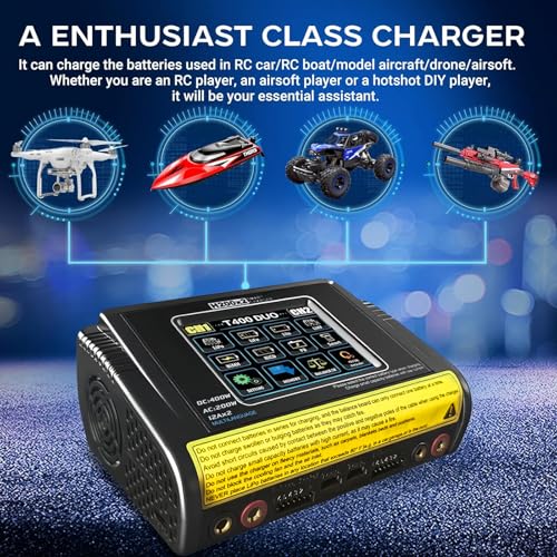 Dual Channel RC Lipo Battery Charger with Touchscreen LCD – 200W AC/400W DC, 12A×2 Fast Charging, Smart Balance Charger for LiPo/LiHV/Life/Pb/NiCd/NiMH/Smart Batteries (1S-6S)