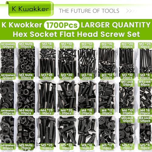 1700Pcs M2 M3 M4 M5 Hex Socket Flat Head Screws Assortment Kit | 24 Sizes 8mm to 25mm, 10.9 Alloy Steel Metric Bolt Assortment Machine Screws Nuts & Washers, Includes Allen Wrench Drill Bits - size: C. M2 M3 M4 M5