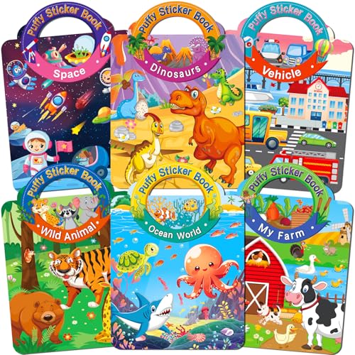 Elfew 6Pack Reusable Sticker Books for Toddlers 2-4 3-5 | 3D Puffy Stickers, 6 Themes, Waterproof, Mess-Free Sticker Activity Book, Travel Toys Birthday Gifts for Boys Girls - color: 3d Reusable Sticker Books