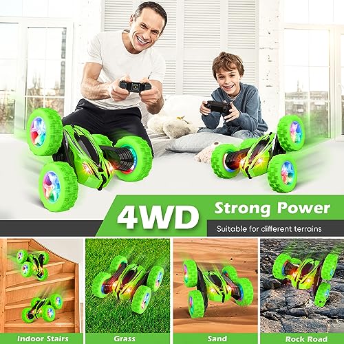 Qumcou Remote Control Car for Boys 4-7,RC Cars Toys for Ages 5-7, 2.4Ghz Fast Double-Sided 360°Rotating Toy Cars with Headlights and Wheel Lights, Christmas Birthday Gifts for Boys Age 6-12, Green