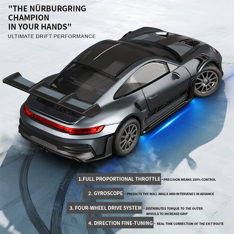 1/43 Scale RC Drift Car, 2.4G Full Proportional 4WD Remote Control Car with Gyro, Adjustable Speed & LED Lights, Alloy RC Vehicle for Adult