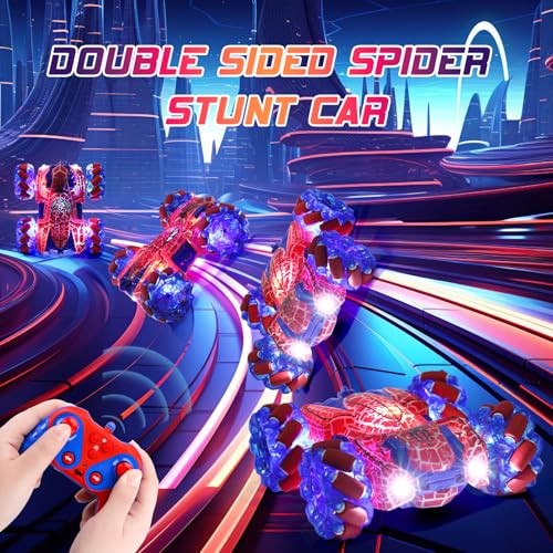 Gesture Sensing RC Stunt Car 2.4GHz Wholebody Light Double Sided RC Cars | Rechargeable Remote Control Car with Headlight Indoor Outdoor Spider Toy Birthday Gift Kids Boys Ages 4 to 13 - color: Dual Control Red