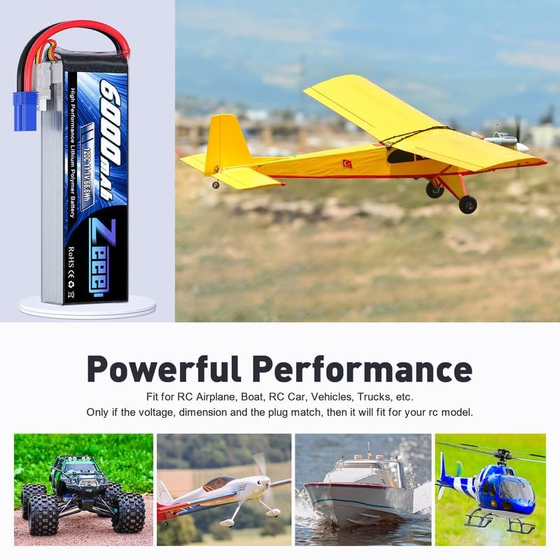 Zeee 3S Lipo Battery 6000mAh 11.1V 120C Soft Case RC Battery with EC5 Connector for Helicopter Airplane Quadcopter RC Airplane RC Car Truck Boat(2 Pack)