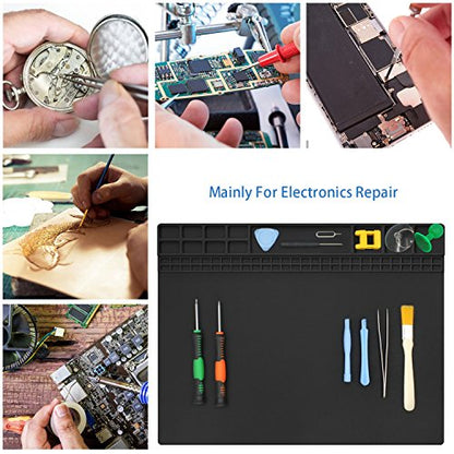 Handook Silicone Soldering Mat, Repair Mat, 16 x 12 Inch, Black | Heat Resistant 932°F, For Cellphone, Computer, PCB Board, Watch, Electronic Repair Mat, For Soldering Station Iron Gun - color: Black