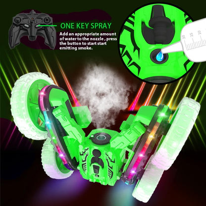 Rc Stunt Cars, Remote Control Cars with Sides Light Strip & 360° Flips Rotating Spray, Double Sided 2.4Ghz All Terrain Toy for Kids Ages 6-12 Year Old Gift (Green) - color: Green