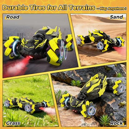 Gesture Sensing RC Stunt Car, Toys for 6-12 Years Old Boys, Birthday Gifts | Hand Controlled Remote Controlled Car 2.4GHz & 4WD , 360°Drifts Offroad with Lights & Music, Gifts for Kids Ages 6-12 - color: Black Yellow