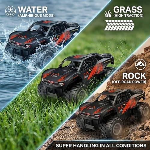 Amphibious Remote Control Car Monster Truck - 4WD Waterproof 1:16 Large All Terrain Off Road Vehicle Batteries RC Drift Cars Beach Pool Toys Gifts for Boys Kids 8-12 - color: Orange