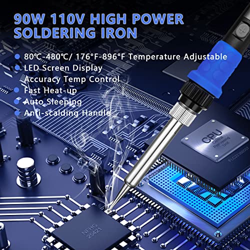Soldering Iron Kit, 90W LED Digital Solder Iron Kit with Ceramic Heater, 110V Welding Tools with Smart Temperature Control, Auto Sleep, Temp Calibration, C/F, Accurate 176℉-896℉ - color: 90w 9-in-1