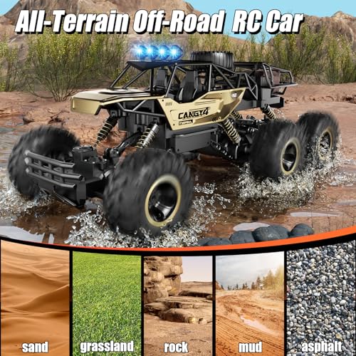 Remote Control Monster Truck, RC Cars Rock Crawler RC Truck with 2 Rechargeable Batteries, Metal Exterior & LED Lights, Large Boy Toys for Ages 4-7, 8-12 & Adults Great Gift - color: 6 Wheels Gold