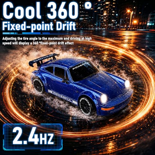 1:20 RC Drift Car, 2.4GHz 4WD 360° Fixed Point Drift for Boys | 50 min playtime with 2 batteries, 2 tire sets (drift & off-road), 3 LED lights, great gift for kids 6-12 - color: Deep Blue