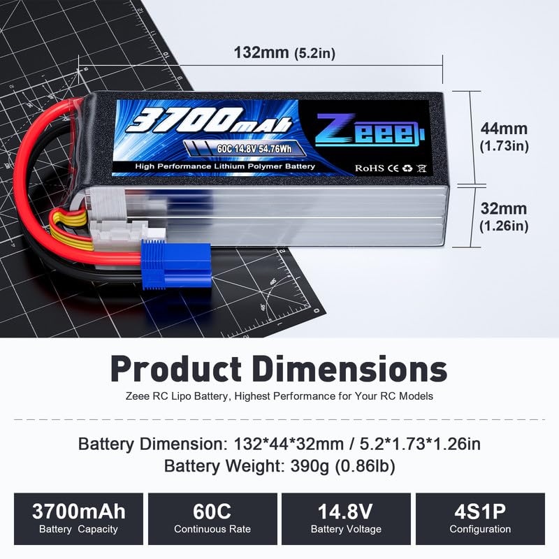 Zeee 4S Lipo Battery 3700mAh 60C 14.8V with EC5 Plug (2 Packs) | Soft Case Battery for RC Airplane Helicopter RC Boat UAV Drone FPV RC Car Truck Boat