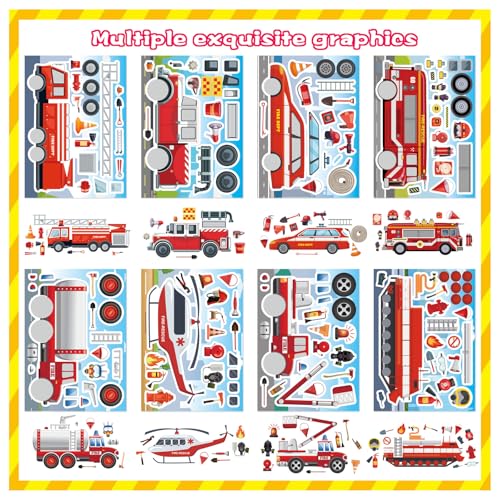 Truck Stickers, Make a face Sticker, Make Your Own Fire Truck Stickers | 24 Sheets, with 8 Designs Fire Themed Truck for Kindergarten Birthday Gift Classroom Fire Party Favors - style: Fire Truck