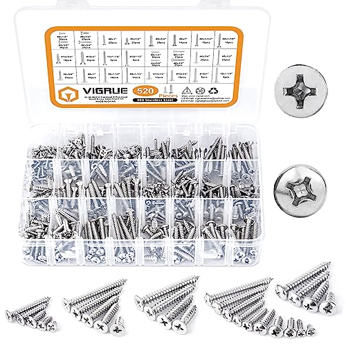 VIGRUE 520pcs 304 Stainless Steel Wood Screw Assortment Kit, #4#6#8#10 Flat Head & Pan Head Philips Self Tapping Screw Assortment