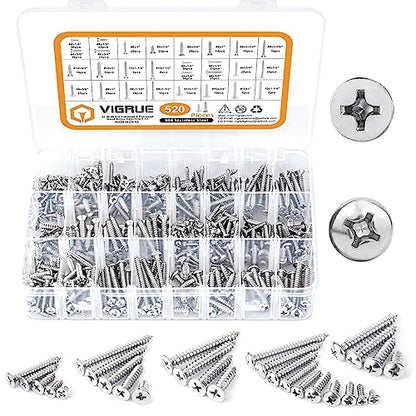 VIGRUE 520pcs 304 Stainless Steel Wood Screw Assortment Kit, #4#6#8#10 Flat Head & Pan Head Philips Self Tapping Screw Assortment