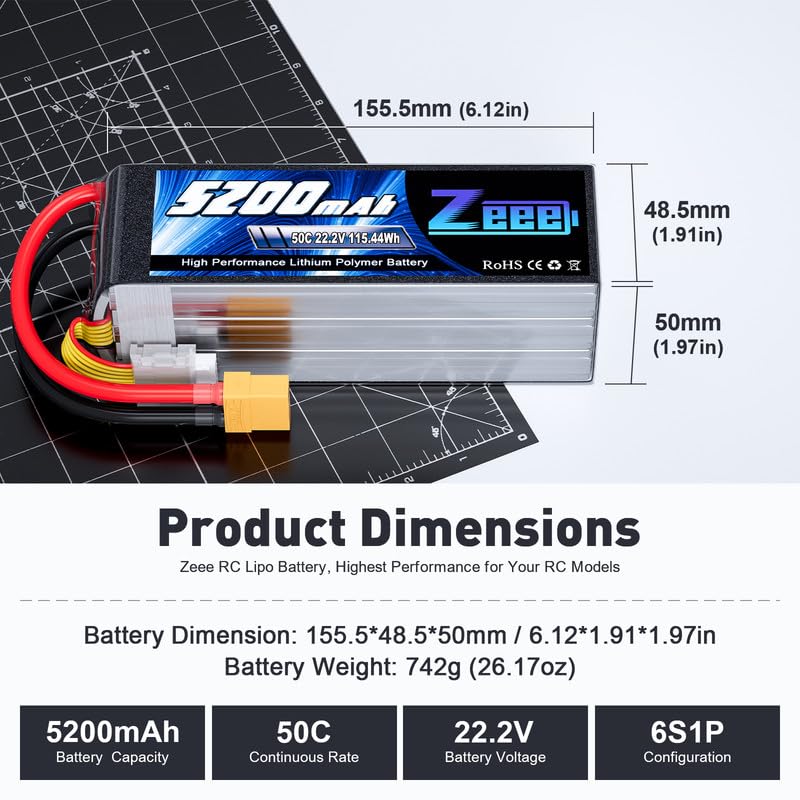 Zeee 6S Lipo Battery 5200mAh 22.2V 50C with XT90 Plug | Compatible for RC Airplane RC Quadcopter Helicopter Car Truck Boat Hobby