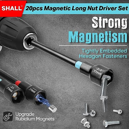 SHALL 20PCS Magnetic Nut Driver Set, 6” Long Nut Drivers for Impact Drill, SAE & Metric 1/4” Hex Shank Nut Driver Bit & Impact Drill Driver Bit w/Power Screwdriver Bits PH1/PH2/SQ2/T20, Storage Bag - size: 20Pcs Long Nut Drivers
