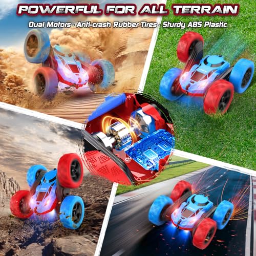 cosone Red Blue RC Stunt Car for Boys Girls | 360° Spinning Tricks, Double-Sided Driving, LED Lights, USB-C Rechargeable, One-Click Demo - color: Red&blue Pro