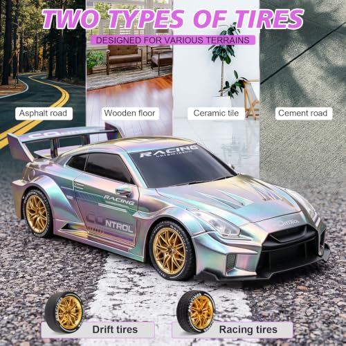 1:24 Scale RC Car with 2.4GHz, 4WD High Speed Remote Control Drift Car | RC drift car with LED lights, 2 batteries(50-min) & dual mode tires (drift/speed).Birthday gift for boys aged 4-12, Silver - color: 4-silver
