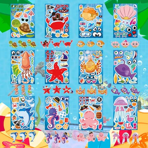Ocean Animals Stickers, Make Your Own Sea Animals Stickers, Summer Sticker | 24 Sheets Make-a-face Stickers for Kids Toddlers Goodie Bags Stuffers Birthday Party Favors Activities Game - style: Ocean Animal