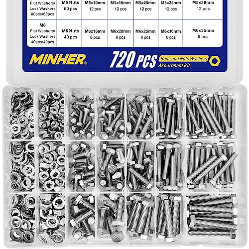 MINHER 720PCS M4 M5 M6 Bolts and Nuts Assortment Kit 304 Stainless Steel(18-8) Hex Screws Nuts & Washers, Includes 15 regular sizes