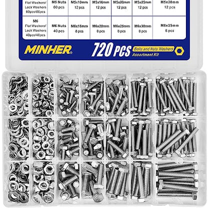 MINHER 720PCS M4 M5 M6 Bolts and Nuts Assortment Kit 304 Stainless Steel(18-8) Hex Screws Nuts & Washers, Includes 15 regular sizes