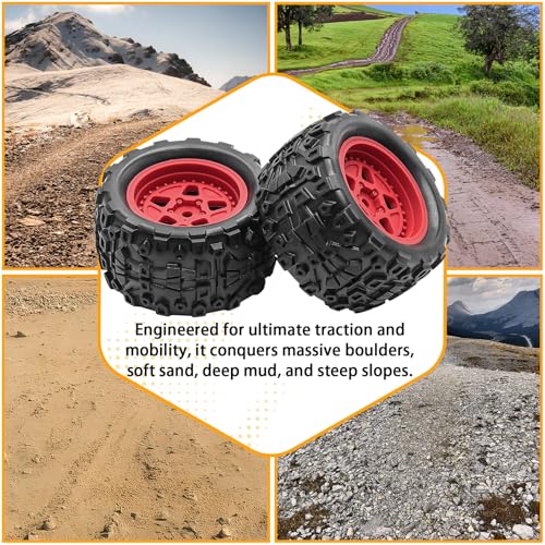 Pre-Glued 1/16 & 1/18 RC Monster Truck Rubber Tire & Nylon Wheel - 12mm Hex | Rubber Tires with Foam Fits for ARRMA 1/18 Granite/Typhon Grom, WLtoys A949, MJX Hyper Go H16 (4PCS, Red) - color: Red