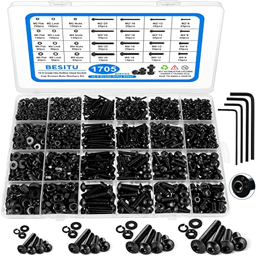 Besitu 1705 Pcs Machine Screw Assortment Kit, M2 M3 M4 M5 Metric Bolts and Nuts Kit with Lock and Flat Washers, Hex Button Head 10.9 Alloy Steel Cap Screw Set with Allen Wrench - color: Black-Hex Socket Button Head