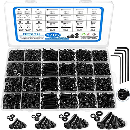 Besitu 1705 Pcs Machine Screw Assortment Kit, M2 M3 M4 M5 Metric Bolts and Nuts Kit with Lock and Flat Washers, Hex Button Head 10.9 Alloy Steel Cap Screw Set with Allen Wrench - color: Black-Hex Socket Button Head