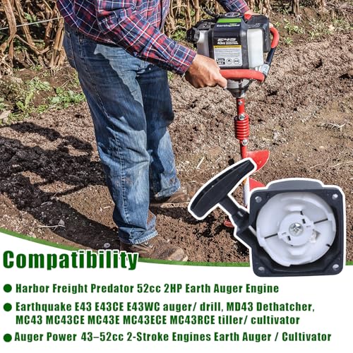 63022 Pull Start Starter Recoil Compatible with Harbor Freight Predator | MC43 52cc 2HP Earthquake E43 E43CE E43WC MD43 Earth Auger Fix for Dirty, Spring Sprung, Not making the connection, Not Spin