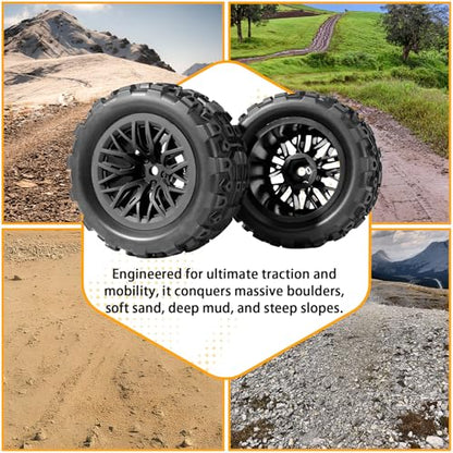 Pre-Glued 1/16 & 1/18 RC Monster Truck Rubber Tire & Nylon Wheel - 12mm Hex | Rubber Tires with Foam Fits for ARRMA 1/18 Granite/Typhon Grom, WLtoys A949, MJX Hyper Go H16 (4PCS, Black) - color: Black