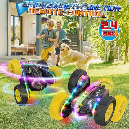 Jimdella Remote Control Car,RC Cars with Sides Light Strip and Headlights,Double Sided 360 Flips Rotating RC Stunt Car,2.4Ghz All Terrain Toys for Ages 4-8 Kids Toy for Boys Birthday Gift(Black)