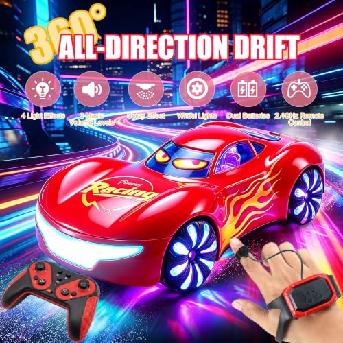 Gesture Sensing RC Stunt Car, 2.4GHz 4WD Remote Control Car for Kids 4-12 | 50 Min Play Time Dual Batteries, 360° Spinning Drift, Mist Spray & LED Wheels, Birthday Gift, Party Gifts for Kids Boys , Red - color: 4-red