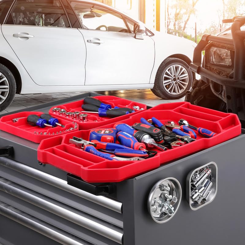 WORKPRO 5-Piece Tool Organizer, Non-Slip Flexible Tool Tray Set | 3-Piece Silicone Tool Mats, 2-Piece Magnetic Parts Tray, Tool Box Organizer Tray, Only Parts Tray Magnetic