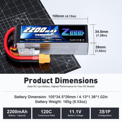 Zeee 3S 120C 2200mAh 11.1V Lipo Battery with XT60 Plug RC Graphene Lipo for FPV Drone Quadcopter Helicopter Airplane RC Boat RC Car RC Models(2 Pack)